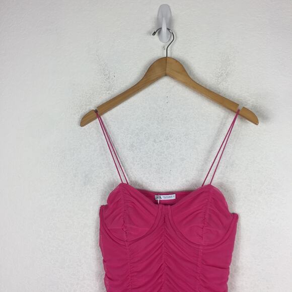 Zara Pink Ruched Mini Dress Size Large Tulle Corset Bustier Barbie Cocktail Y2K - Picture 4 of 14